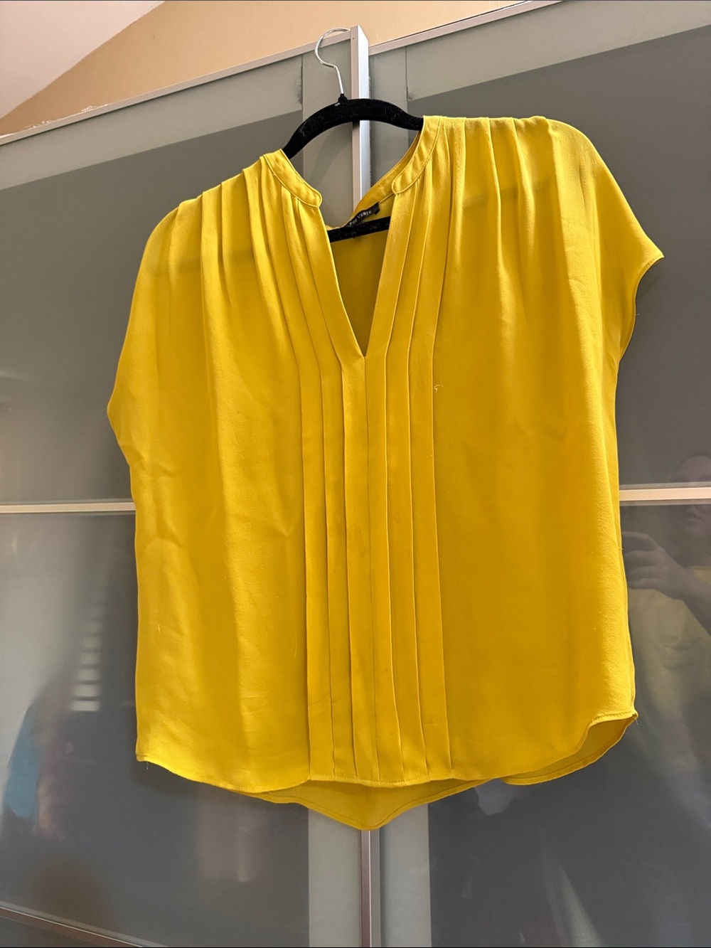 Pleated V-Neck Cap-Sleeve Blouse - Yellow